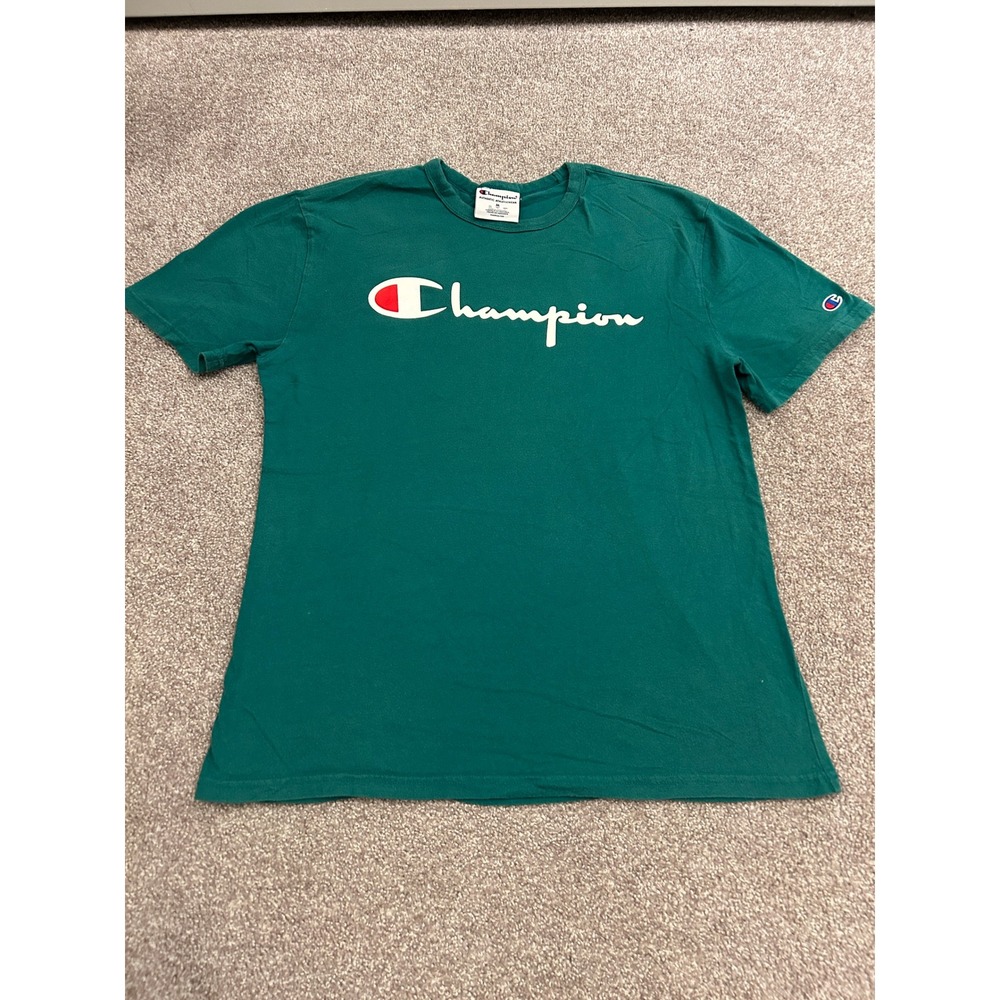 Champion T-Shirt Mens Medium Green Excellent Script Logo Short Sleeve Cotton Tee